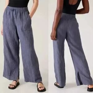Athleta Retreat Linen High Rise Wide Leg Pant Drawstring Relaxed Fit Blue XL